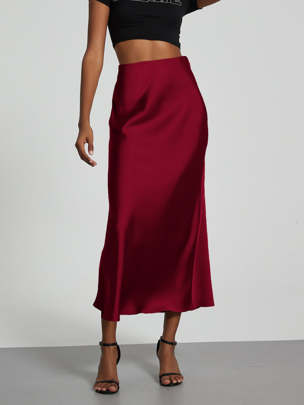 Elegant Satin Midi Skirt Slimming and Flowy