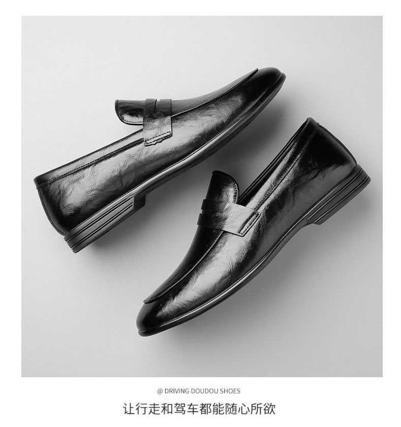 Men's British style bean shoes by Trenches of Mariana, solid color casual leather slip-ons with cowhide material and fashionable design.