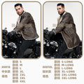 Men's mid-length leather jacket by Trenches of Mariana with large velvet lapel, plush interior, suitable for autumn and winter.