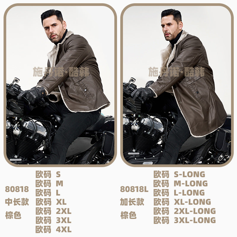 Men's mid-length leather jacket by Trenches of Mariana with large velvet lapel, plush interior, suitable for autumn and winter.