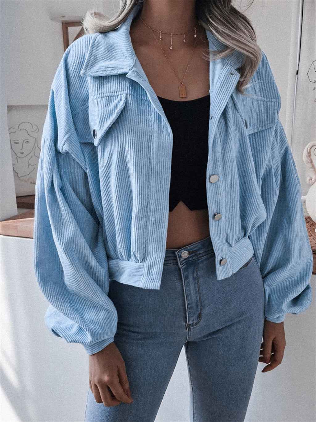 Ins Style Autumn and Winter European and American Lantern Long-Sleeved Corduroy Casual Short Outwear Jacket Amazon Hot Cross-Border Women's Clothing by Trenches of Mariana