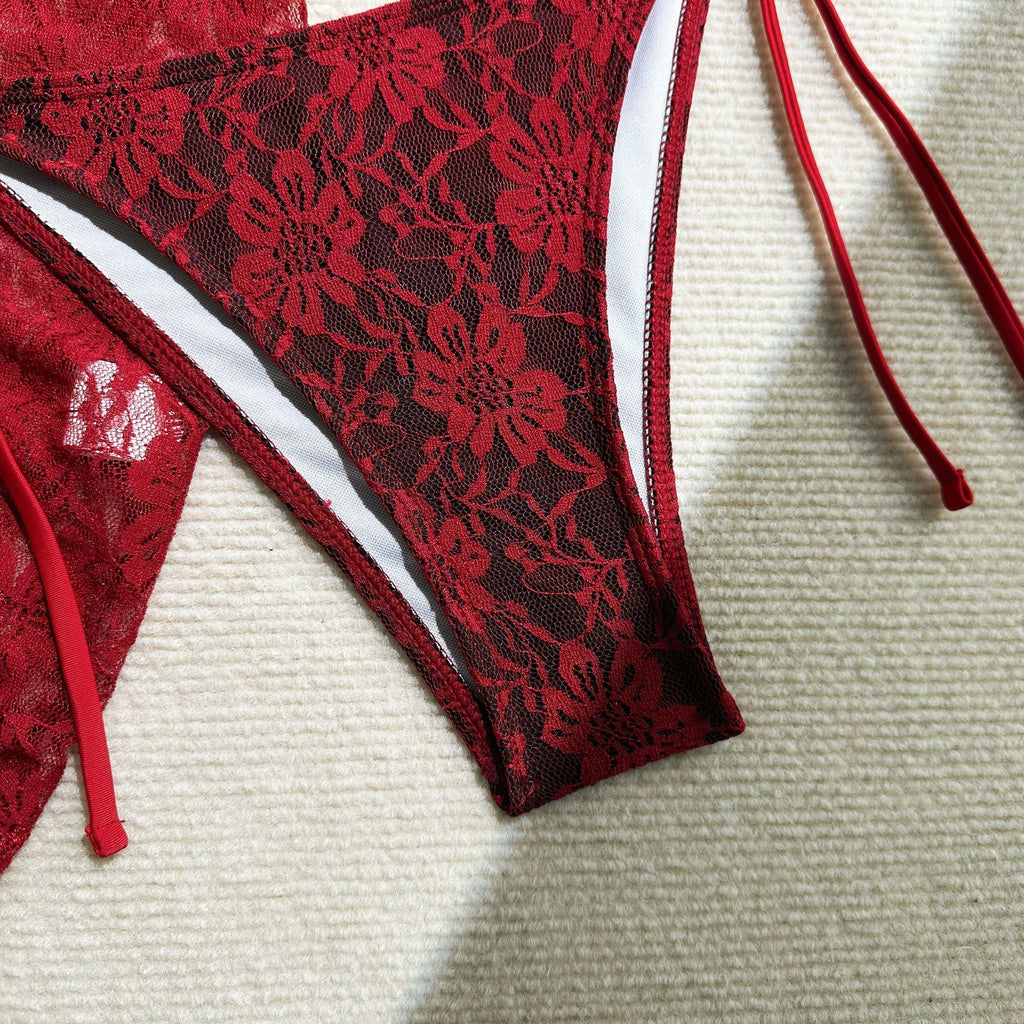 European and American lace bikini set with mesh short skirt, featuring composite fabric, by Trenches of Mariana.