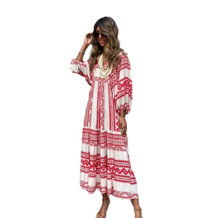 Plus-Size Women's Loose-Fitting Bohemian Round-Neck Lantern-Sleeve Sweet Girl Dress