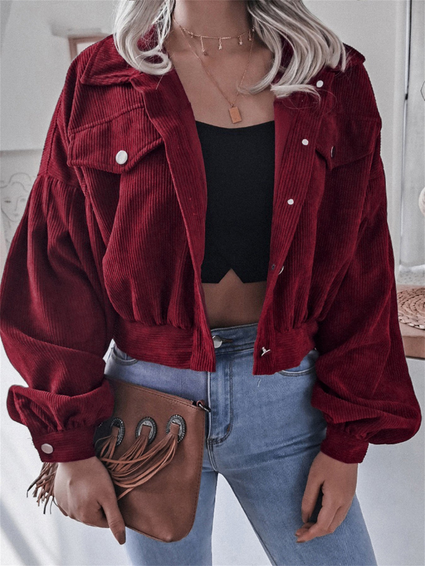 Ins Style Autumn and Winter European and American Lantern Long-Sleeved Corduroy Casual Short Outwear Jacket Amazon Hot Cross-Border Women's Clothing by Trenches of Mariana