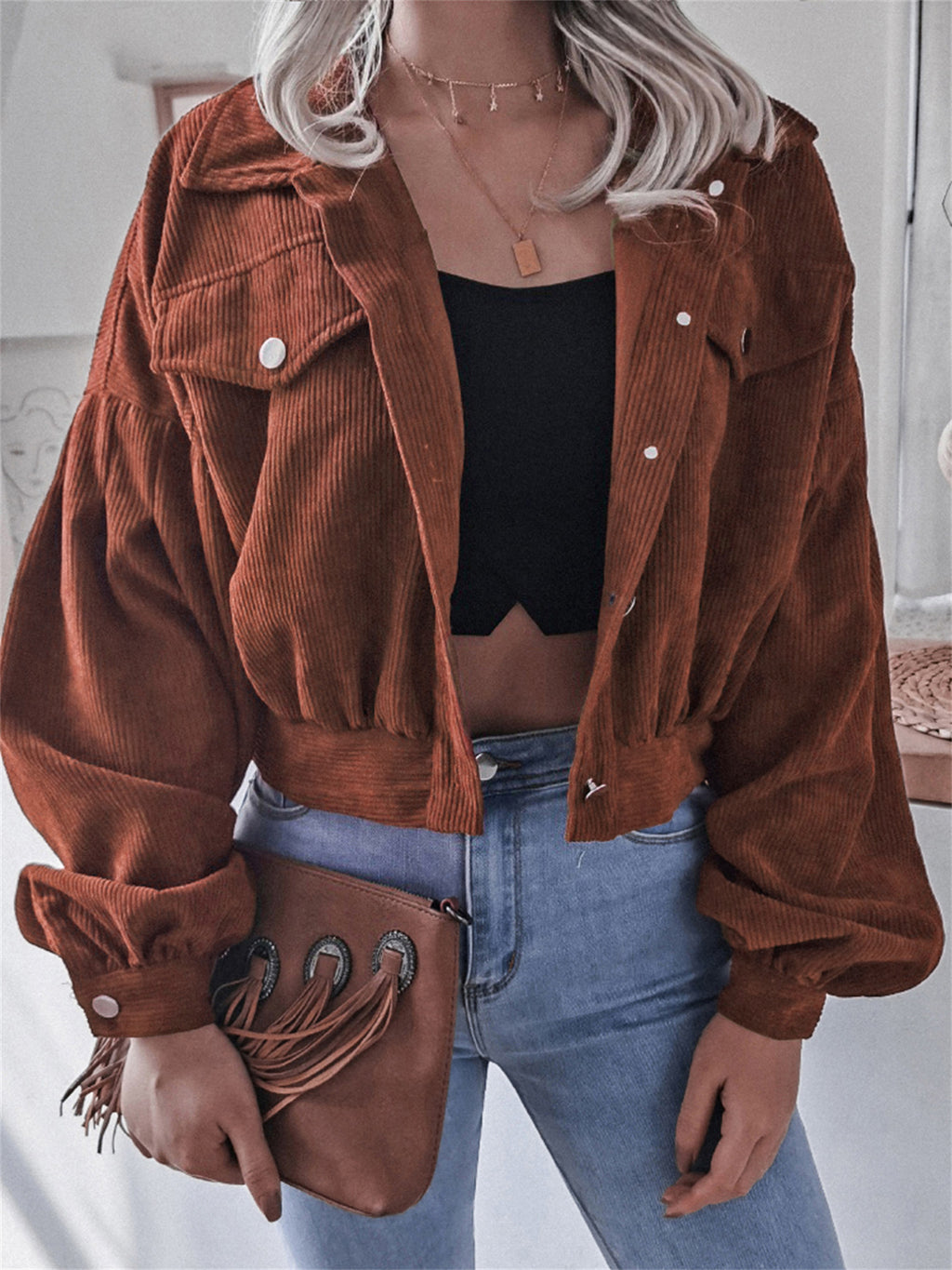 Ins Style Autumn and Winter European and American Lantern Long-Sleeved Corduroy Casual Short Outwear Jacket Amazon Hot Cross-Border Women's Clothing by Trenches of Mariana