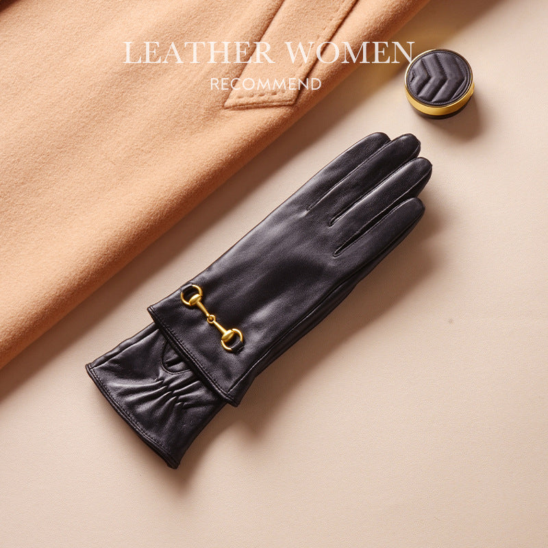 Women's Lambskin Gloves Autumn and Winter fleece-lined Thickened Driving Cycling Cold-proof Warm Touch Screen Hardware Top Layer Sheepskin by Trenches of Mariana