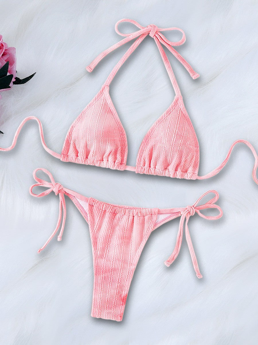 Pink split women's bikini by Trenches of Mariana featuring a backless, sexy two-piece European and American style swimsuit.