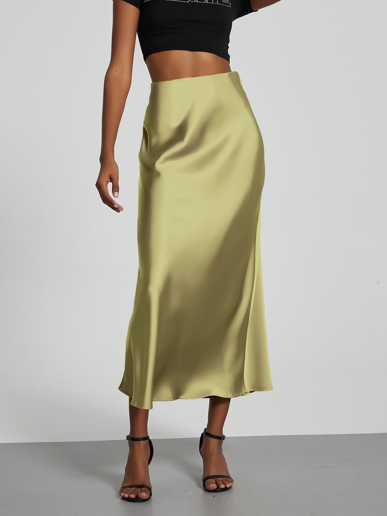 Elegant Satin Midi Skirt Slimming and Flowy