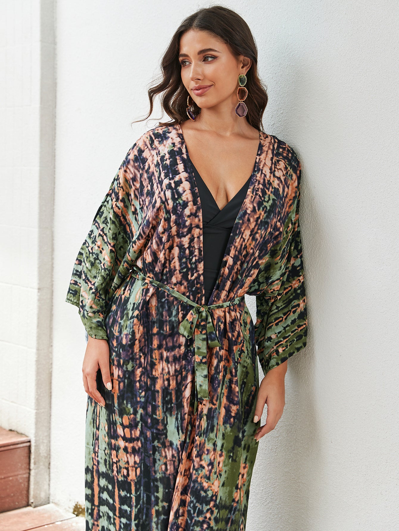 Trenches of Mariana rayon tie-dye beach cover-up with sun protection, loose fit, ideal for women's vacation swimwear and outer wear.
