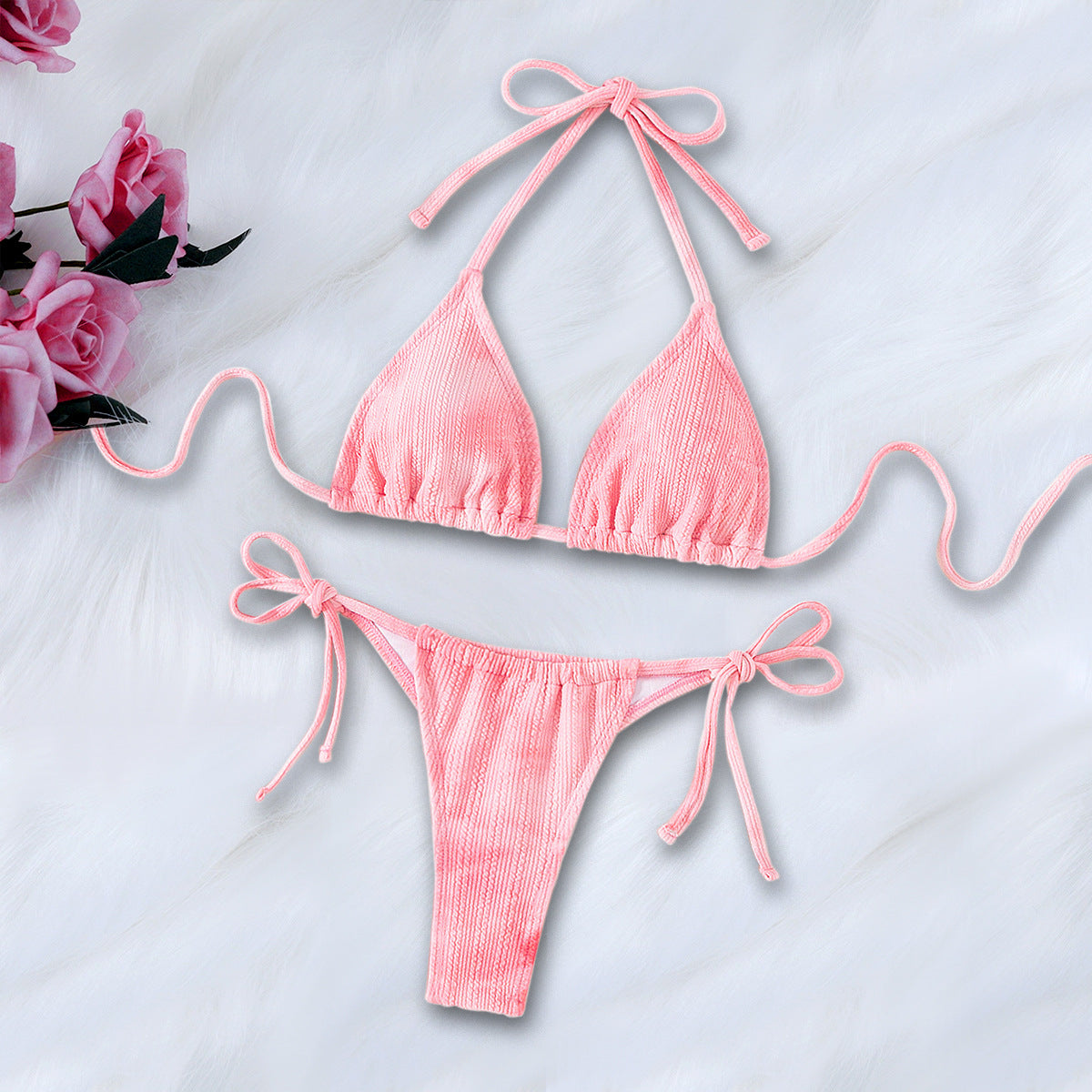 Pink women's two-piece bikini from Trenches of Mariana featuring a backless, sexy European and American style swimsuit.