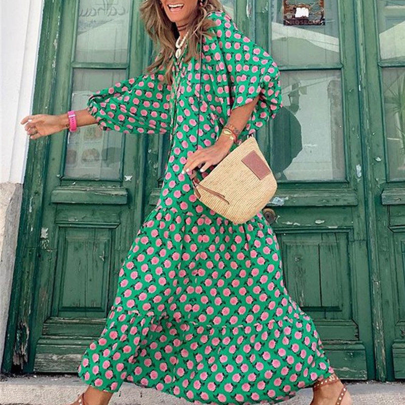 Plus-Size Women's Loose-Fitting Bohemian Round-Neck Lantern-Sleeve Sweet Girl Dress