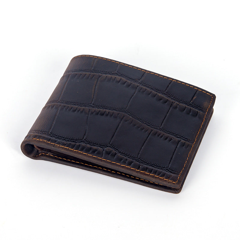 Crazy Horse leather embossed crocodile pattern men's wallet short genuine leather European and American retro wallet horizontal first layer cowhide silver bag by Trenches of Mariana