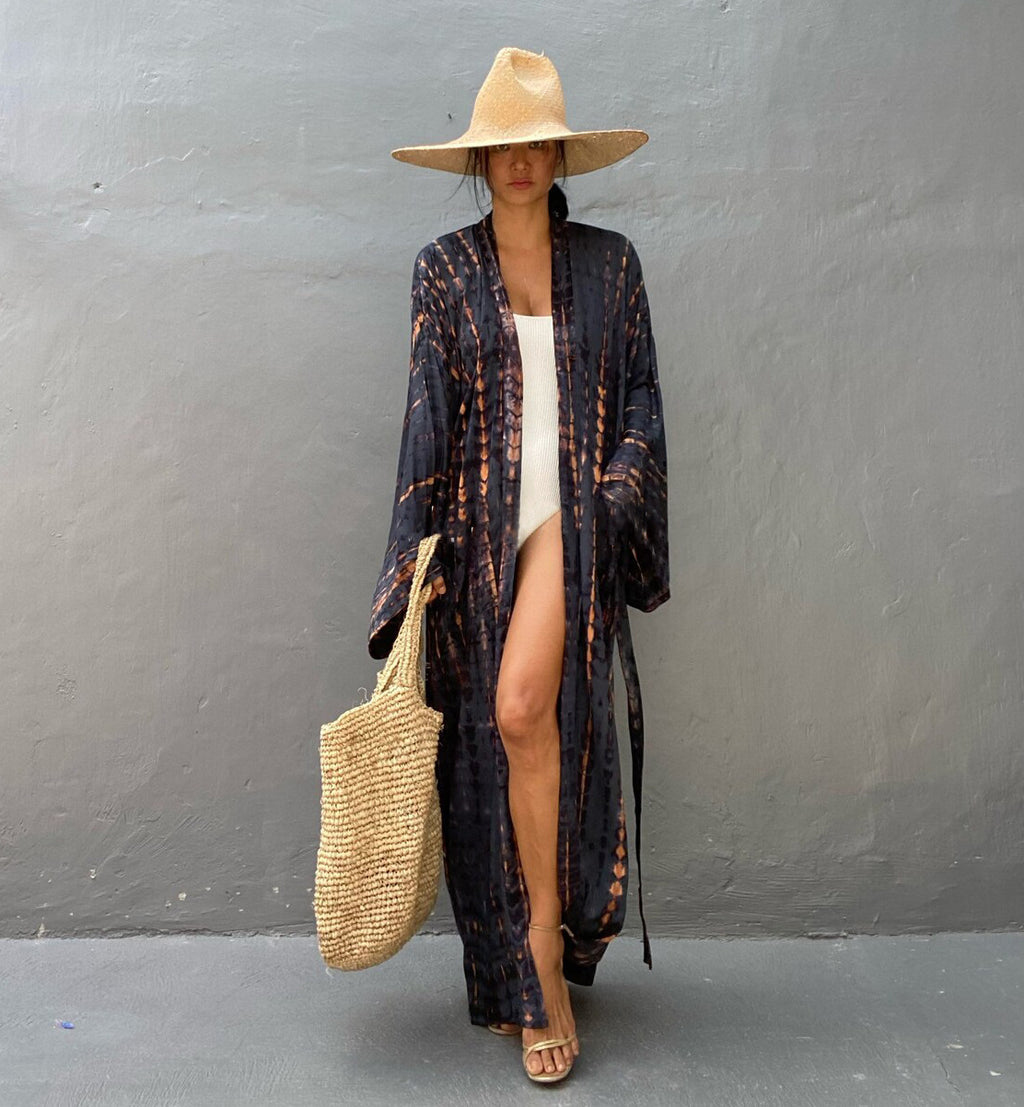 Women's rayon tie-dye beach cover-up by Trenches of Mariana featuring a loose fit, sun protection, perfect for vacations.