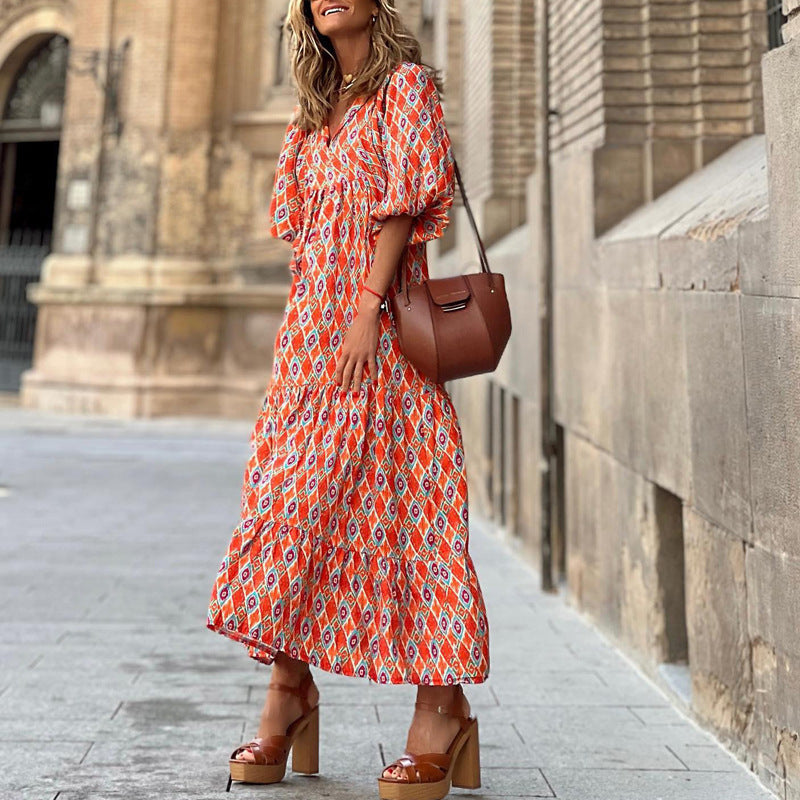 Plus-Size Women's Loose-Fitting Bohemian Round-Neck Lantern-Sleeve Sweet Girl Dress