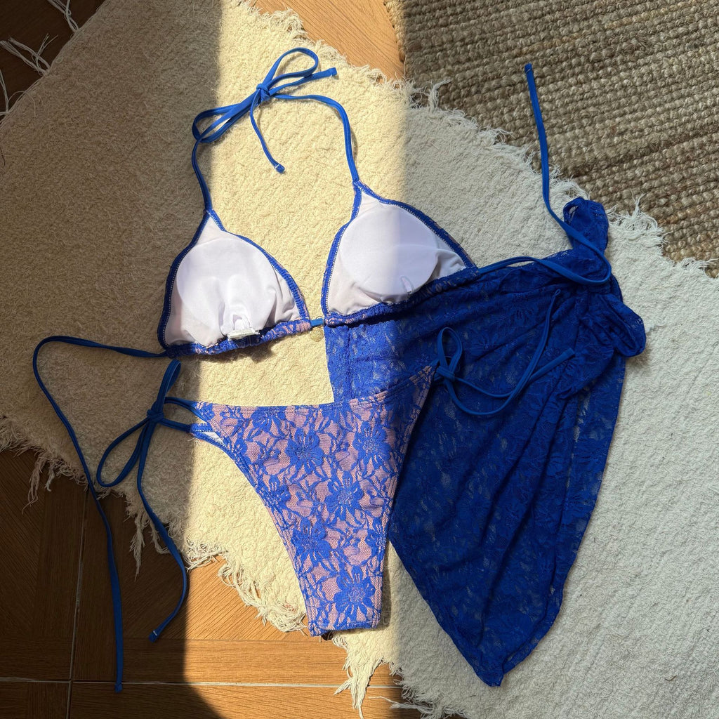 Trenches of Mariana 2025 lace and mesh three-piece bikini swimsuit with short skirt design, featuring European and American style.