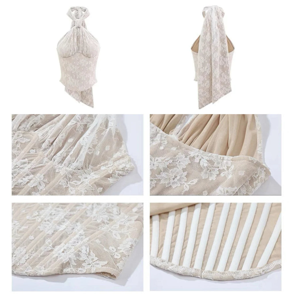 Lace Halter Backless Crop Top White Sleeveless Fishbone Camisole Summer Fashion Streetwear Casual Tank Tops For Women Slim Vests by Trenches of Mariana