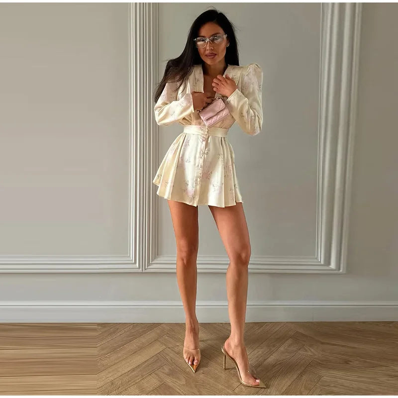 Print Women Dress Deep V Mini Dress Puff Sleeve High Waist Dress Two Piece Outfit With Waistband Elegant Slim Fit Outfit by Trenches of Mariana
