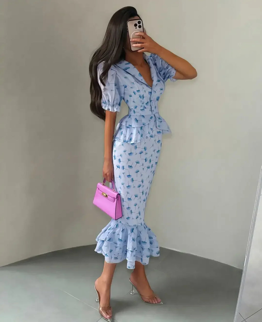 Women Elegant Printed V-neck Dress Chic Lapel Waist Cinched Pleated High Waisted Dresses 2026 Summer New Lady Vacation Gowns by Trenches of Mariana
