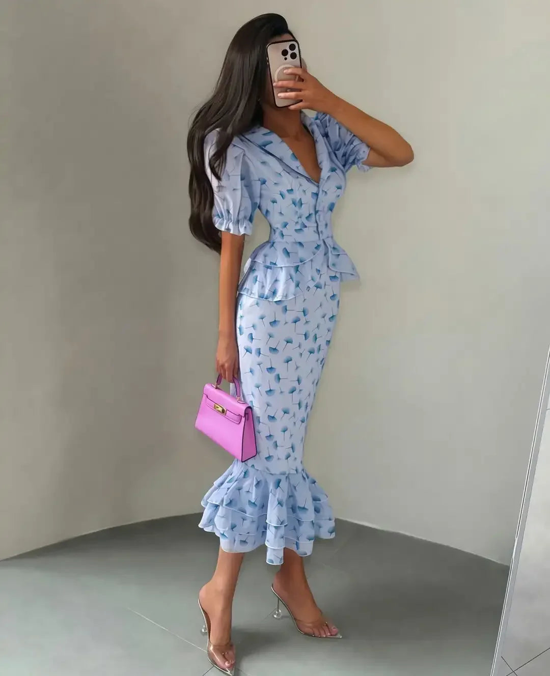 Women Elegant Printed V-neck Dress Chic Lapel Waist Cinched Pleated High Waisted Dresses 2026 Summer New Lady Vacation Gowns by Trenches of Mariana