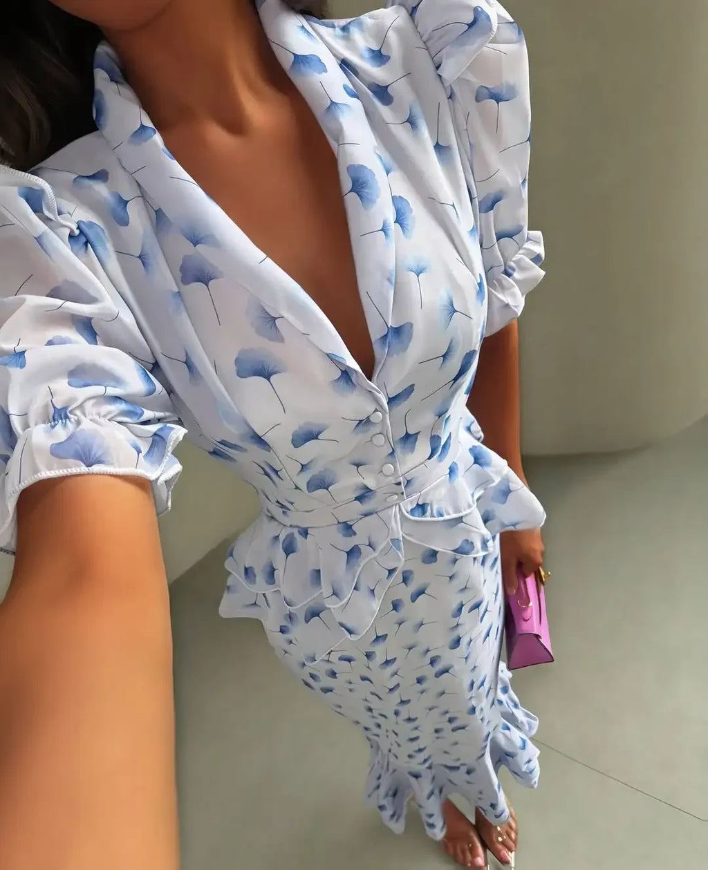 Women Elegant Printed V-neck Dress Chic Lapel Waist Cinched Pleated High Waisted Dresses 2026 Summer New Lady Vacation Gowns by Trenches of Mariana