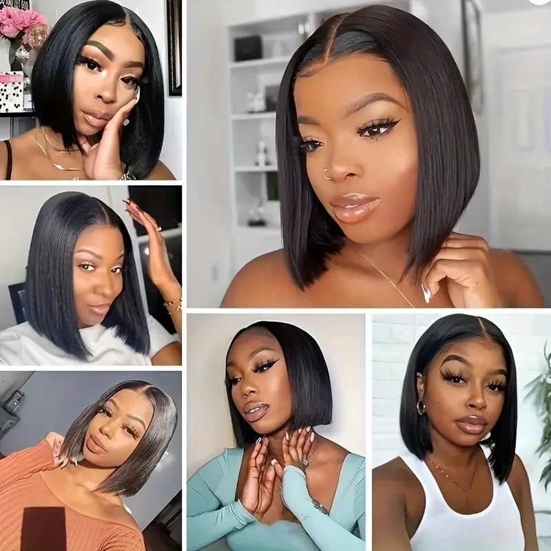 13*4 Front Lace Bob Hairstyle, Natural Black Color, 180% Density Natural Hairline, Pre-Sewn and Pre-Stretched. Transparent Lace