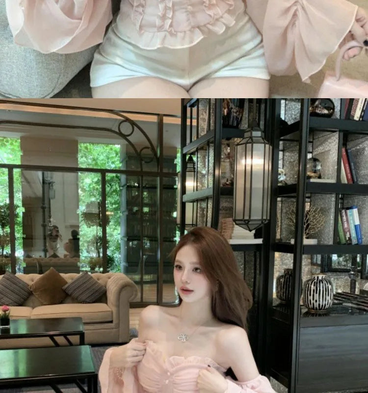 French Lace Shirt Women's New Spring Acetate Satin Premium Design Sense Short Long Sleeve Slim Top Korean Pink Lady Sweet Blouse by Trenches of Mariana