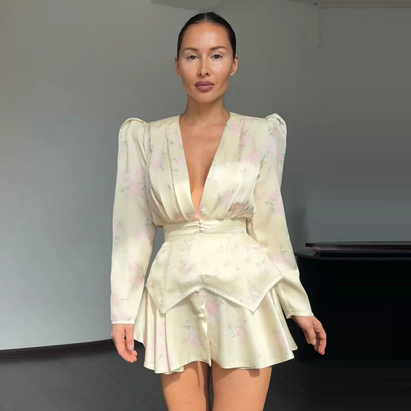 Print Women Dress Deep V Mini Dress Puff Sleeve High Waist Dress Two Piece Outfit With Waistband Elegant Slim Fit Outfit by Trenches of Mariana