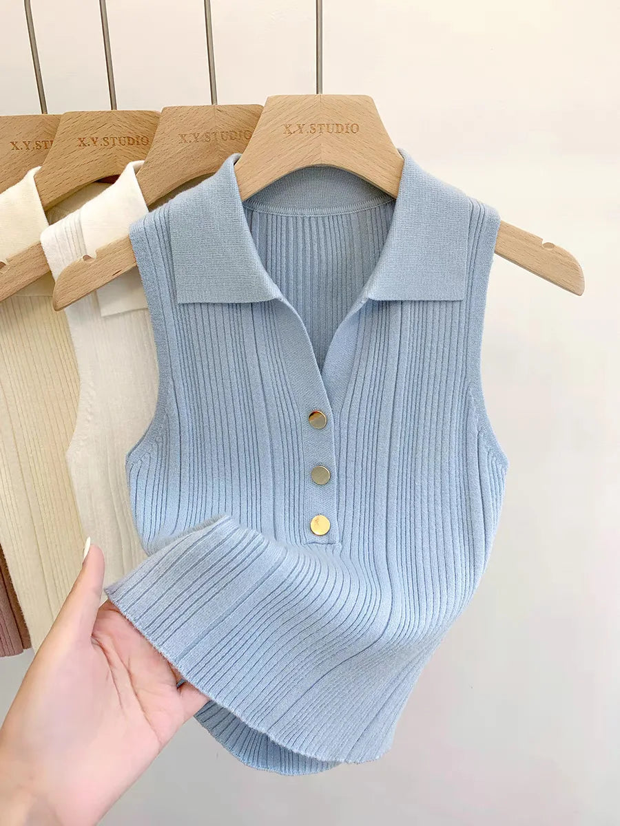 Summer Turn Down Collar Gold Button Slim Knitted Sweater Vests Elegant Knitwear Tank Tops BSTFSC-m1948 by Trenches of Mariana