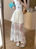 French retro lace skirt for women by Trenches of Mariana, elegant summer A-line skirt with mesh splicing and lace details.