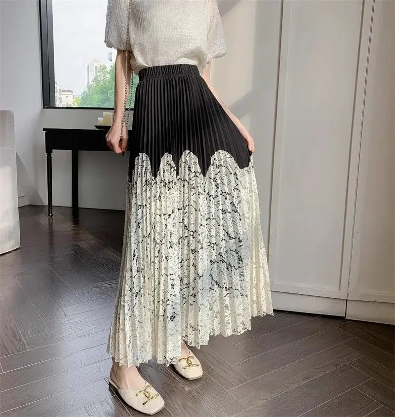 Trenches of Mariana women's summer French lace stitching pleated high-waist long skirt, cover-up style for warm weather.