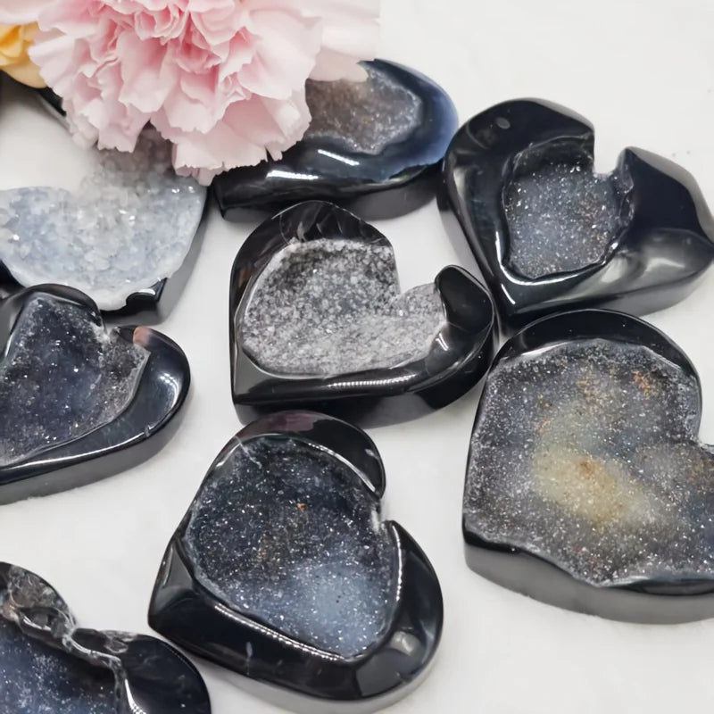 1pc Black Agate Heart-Shaped Geode Crystal - Hand-Carved Bohemian for Home Decor & Special Occasions by Trenches of Mariana