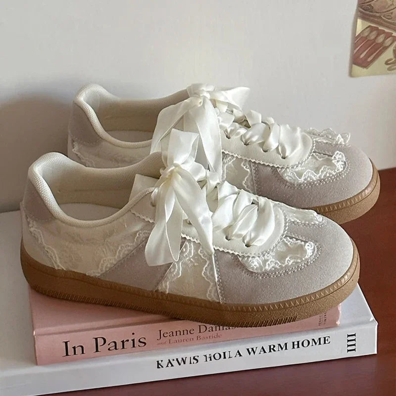 French Lace - Satin Ribbon Trainer Sneakers | Cream - Sweet Vintage Sporty Sneakers