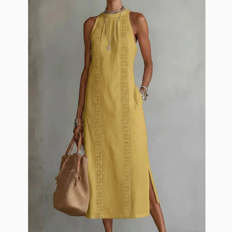 Elegant women's sleeveless lace slit dress by Trenches of Mariana featuring a solid color cotton and linen A-line design.