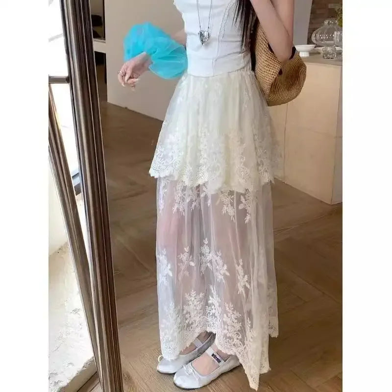 French retro lace skirt for women by Trenches of Mariana, elegant summer A-line skirt with mesh splicing design.