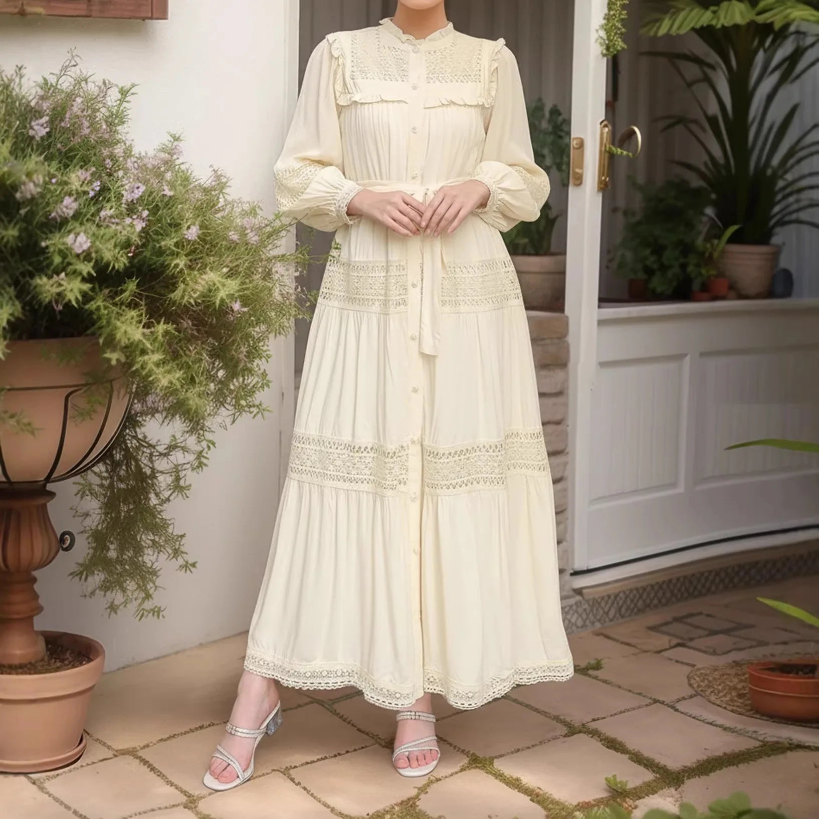 Elegant women’s lace dress by Trenches of Mariana featuring long, intricate lace details and a modest fit, perfect for Eid and Ramadan.