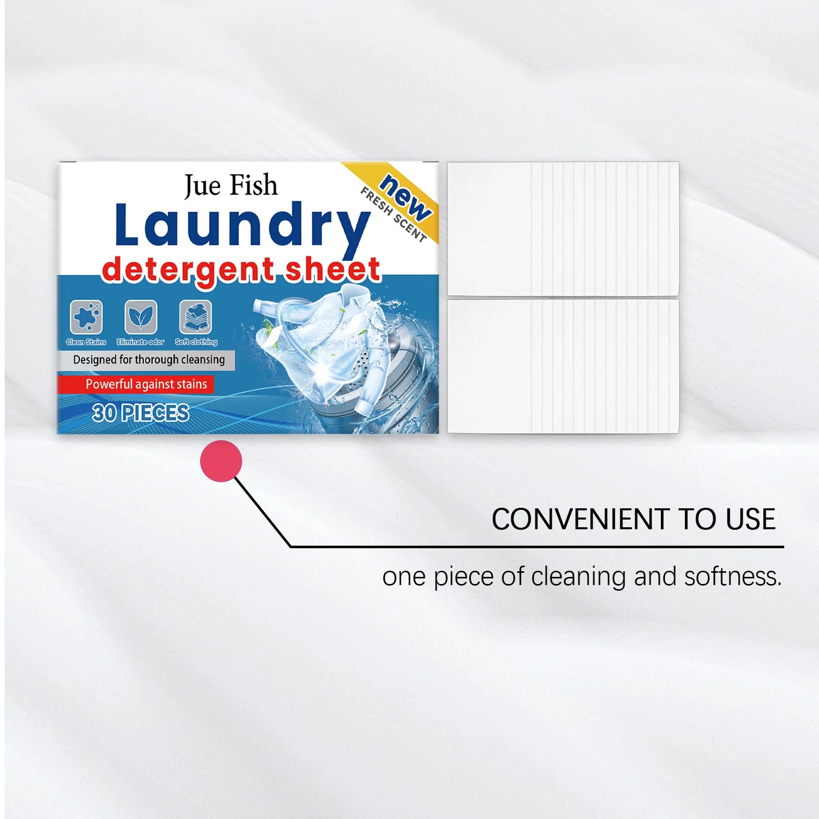 Box of Trenches of Mariana Jue Fish Laundry Detergent 30-piece pack with gentle, effective stain removal for daily clothing cleaning
