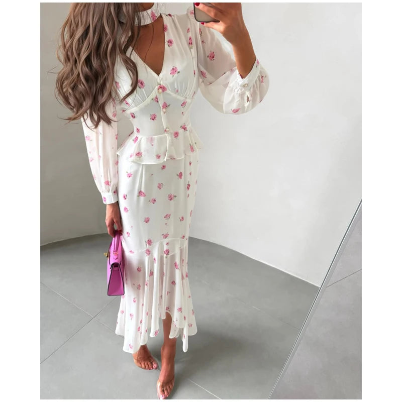 Women Elegant Printed V-neck Dress Chic Lapel Waist Cinched Pleated High Waisted Dresses 2026 Summer New Lady Vacation Gowns by Trenches of Mariana