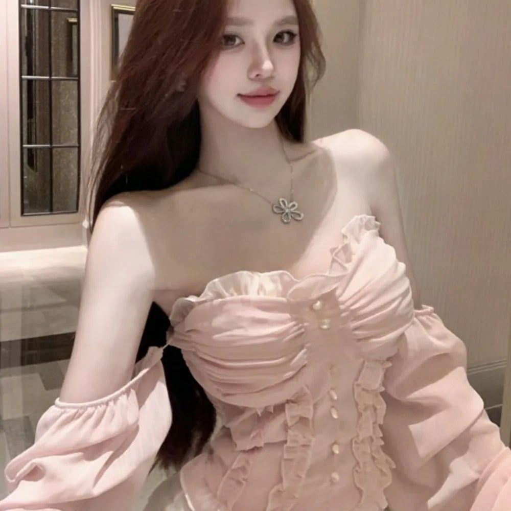 French Lace Shirt Women's New Spring Acetate Satin Premium Design Sense Short Long Sleeve Slim Top Korean Pink Lady Sweet Blouse by Trenches of Mariana