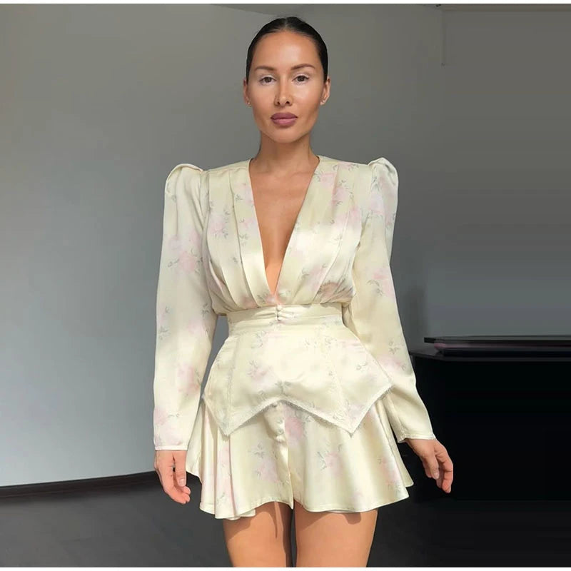 Print Women Dress Deep V Mini Dress Puff Sleeve High Waist Dress Two Piece Outfit With Waistband Elegant Slim Fit Outfit by Trenches of Mariana