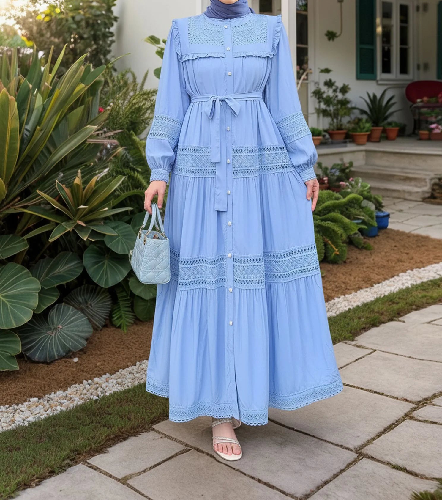 Elegant women's lace dress from Trenches of Mariana, featuring long Ramadan robe style with intricate lace details and a single-breasted design.