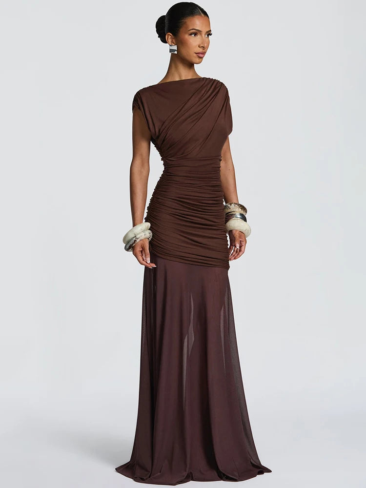 Mozision Sleeveless Ruched Sexy Maxi Dress Women Gown Elegant Patchwork Mesh O Neck High Waist Skinny Club Party Long Dresses