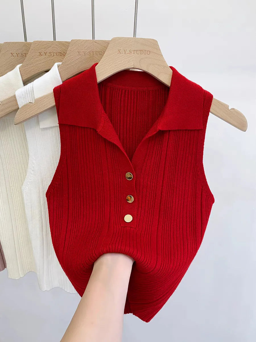 Summer Turn Down Collar Gold Button Slim Knitted Sweater Vests Elegant Knitwear Tank Tops BSTFSC-m1948 by Trenches of Mariana
