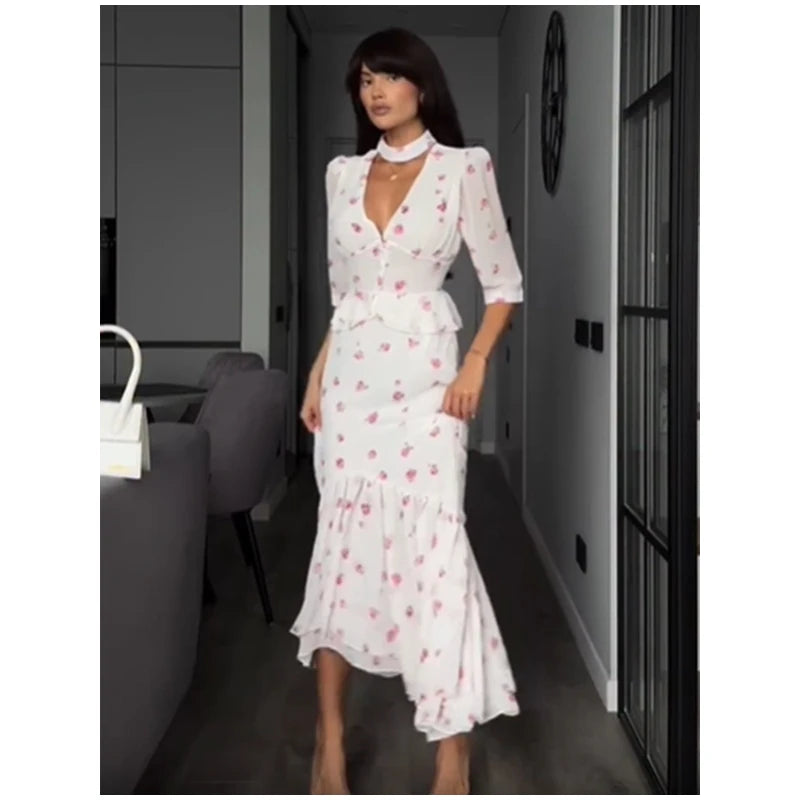 Women Elegant Printed V-neck Dress Chic Lapel Waist Cinched Pleated High Waisted Dresses 2026 Summer New Lady Vacation Gowns by Trenches of Mariana