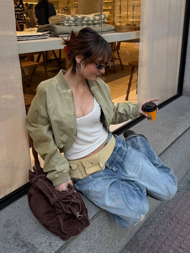 Cropped Bomber Short Jackets Women Solid Folded Hem Zipper Pockets Full Sleeves Coats Women Lady Casual Daily Street Outwear New by Trenches of Mariana