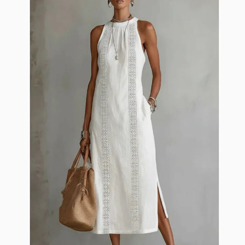 Elegant women's lace slit dress by Trenches of Mariana, sleeveless cotton and linen A-line with round neck in solid color.