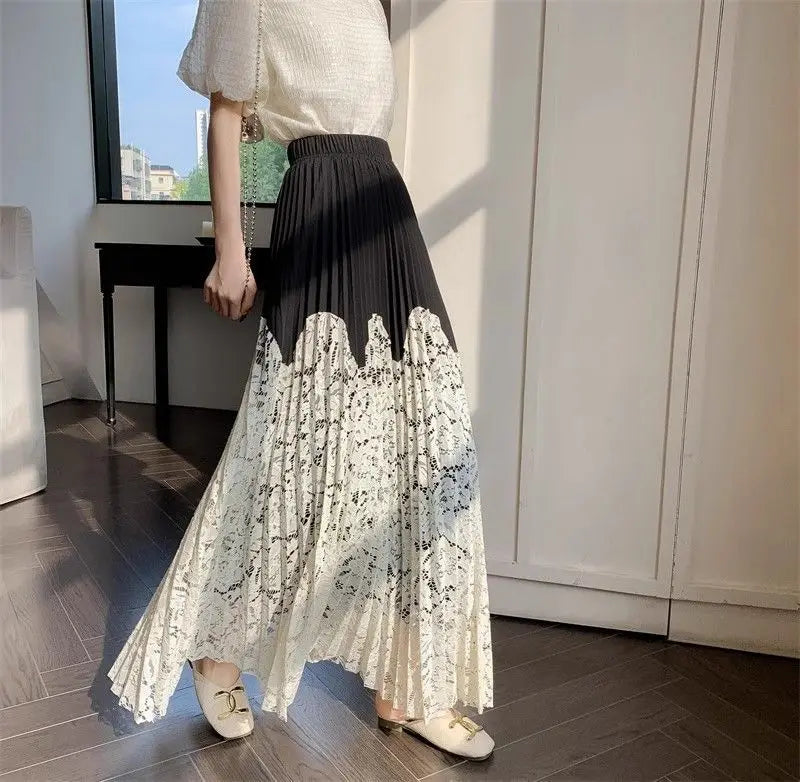 Women’s French lace stitching pleated summer skirt by Trenches of Mariana, high waist, long cover-up skirt with elegant design.