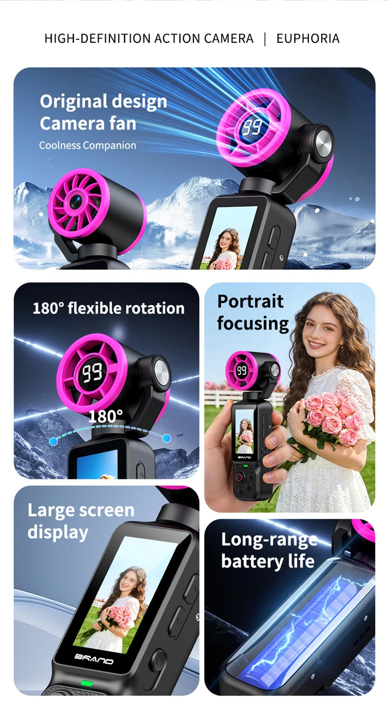 Lenovo Handheld Fan Gimbal Camera 2-in-1 With Power Display, Anti Shake Recording Lens Rotatable Handheld Gimbal Pocket Camera