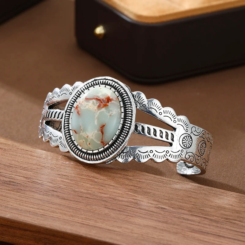 Retro Silver Color Patterned Oval Imitation Turquoise Open Bracelet