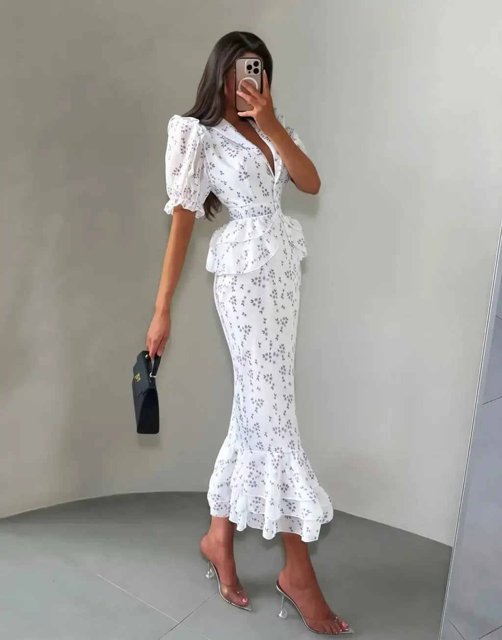 Women Elegant Printed V-neck Dress Chic Lapel Waist Cinched Pleated High Waisted Dresses 2026 Summer New Lady Vacation Gowns by Trenches of Mariana