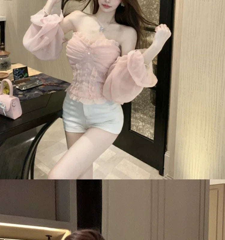 French Lace Shirt Women's New Spring Acetate Satin Premium Design Sense Short Long Sleeve Slim Top Korean Pink Lady Sweet Blouse by Trenches of Mariana